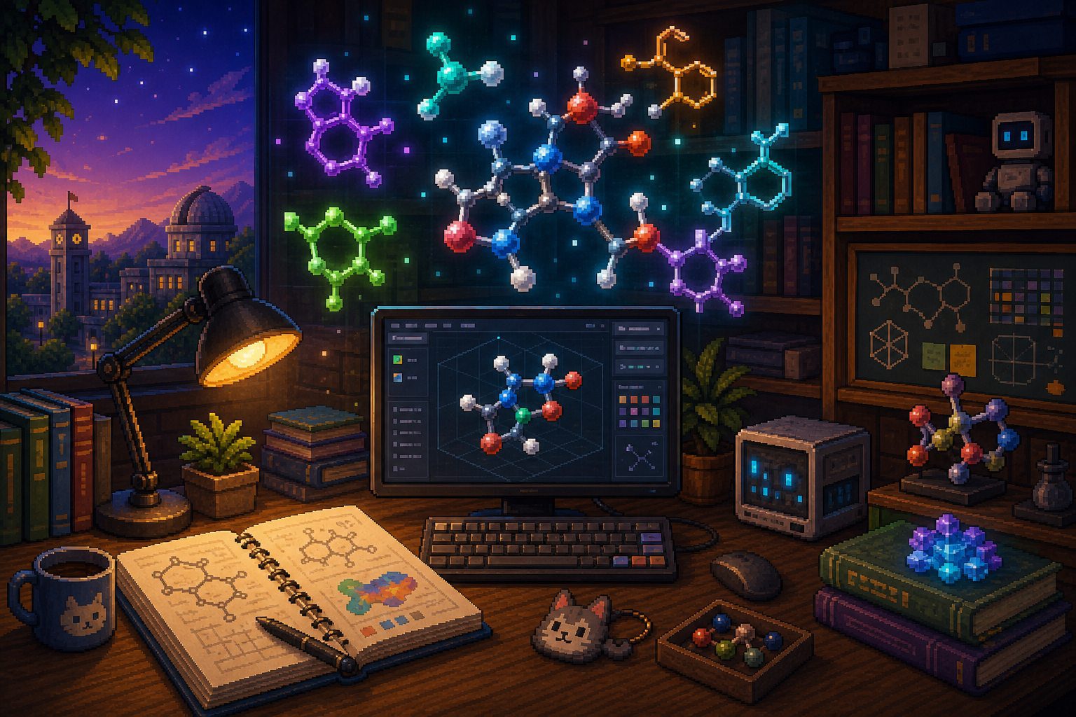 Pixel art molecule visualization project cover.